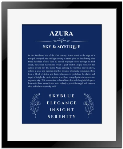 Azura custom name print for wall display in deep blue with black matte frame