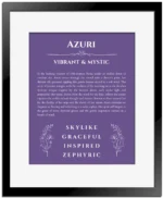 Azuri custom name art showing meaning and origin in purple with black matte frame