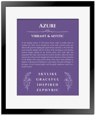 Azuri custom name art showing meaning and origin in purple with black matte frame