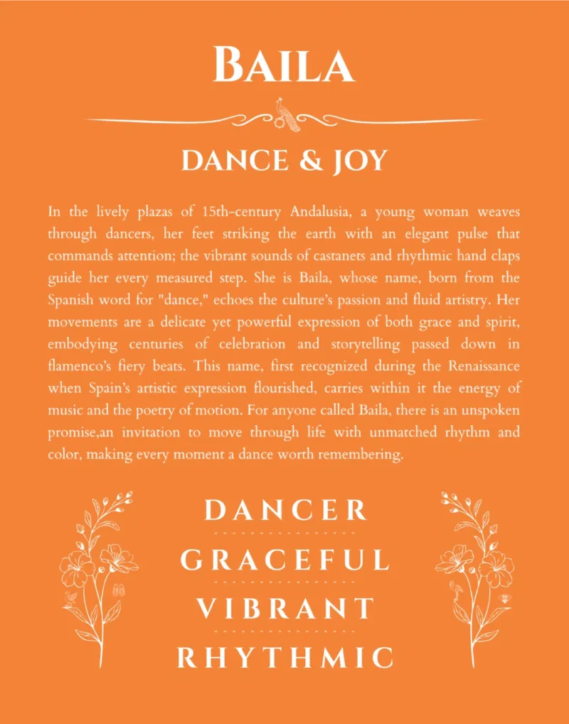 Baila personalized name print with origin and traits in orange