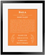 Baila personalized name print with origin and traits in orange with black matte frame