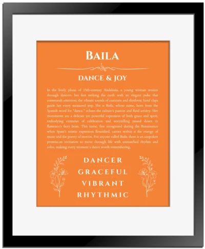 Baila personalized name print with origin and traits in orange with black matte frame