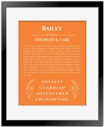 Bailey custom name art showing meaning and origin in orange with black matte frame