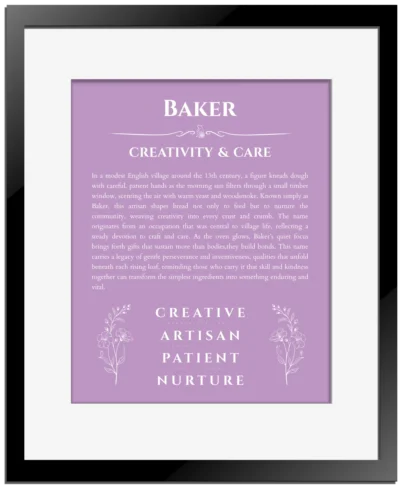 Baker custom name print for wall display in light purple with black matte frame