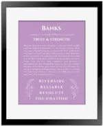 Banks name meaning gift print in light purple with black matte frame