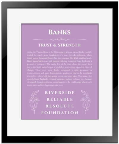 Banks name meaning gift print in light purple with black matte frame