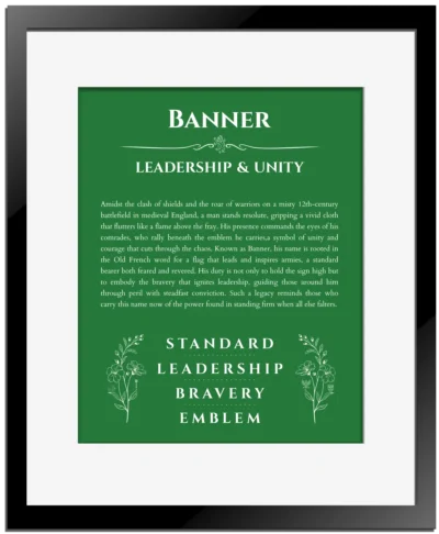 Banner custom name meaning print in dark green with black matte frame