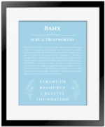 Banx custom name meaning print in light blue with black matte frame