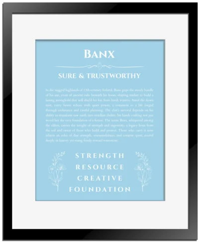 Banx custom name meaning print in light blue with black matte frame