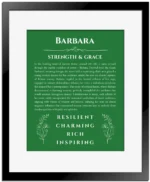 Barbara personalized wall art with the story of your name in dark green with black matte frame