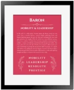 Baron personalized wall art with the story of your name in red with black matte frame