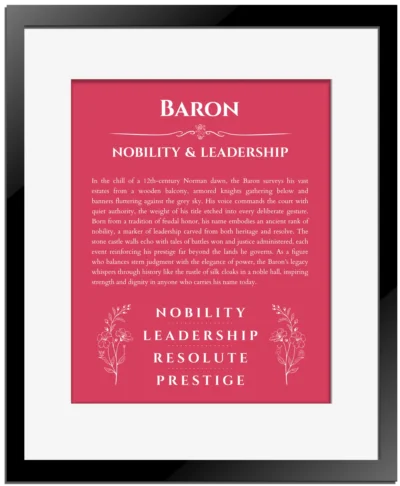 Baron personalized wall art with the story of your name in red with black matte frame