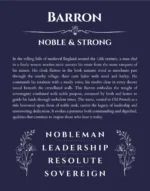 Barron name origin print with meaning and traits in navy blue