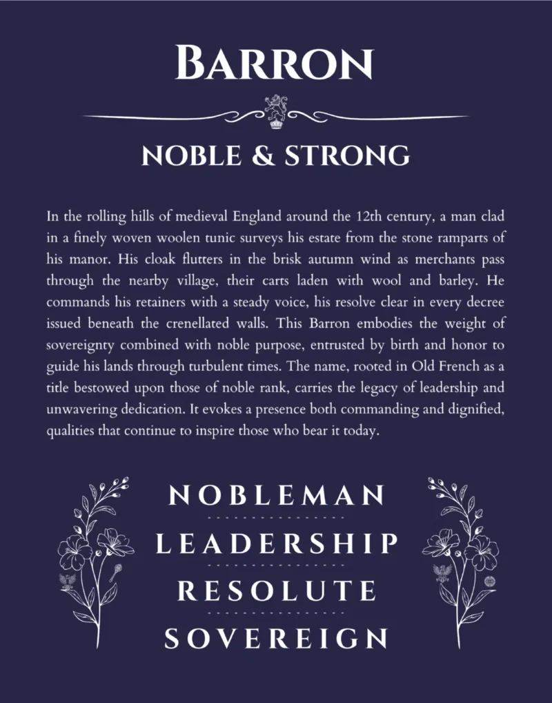 Barron name origin print with meaning and traits in navy blue