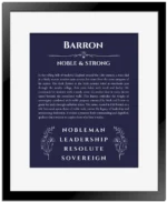 Barron name origin print with meaning and traits in navy blue with black matte frame