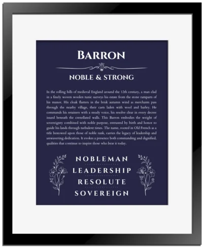 Barron name origin print with meaning and traits in navy blue with black matte frame