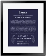 Barry personalized name art with origin story in navy blue with black matte frame