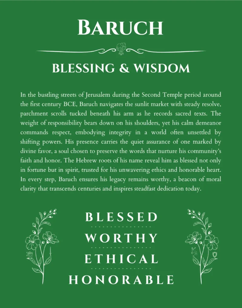 Baruch personalized name print with origin and traits in dark green