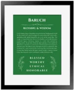 Baruch personalized name print with origin and traits in dark green with black matte frame
