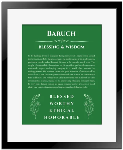 Baruch personalized name print with origin and traits in dark green with black matte frame