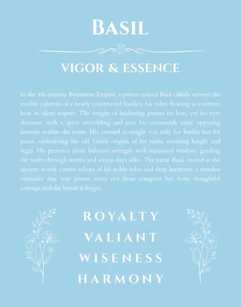 Basil name origin print with meaning and traits in light blue