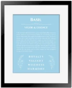 Basil name origin print with meaning and traits in light blue with black matte frame