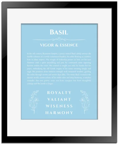 Basil name origin print with meaning and traits in light blue with black matte frame
