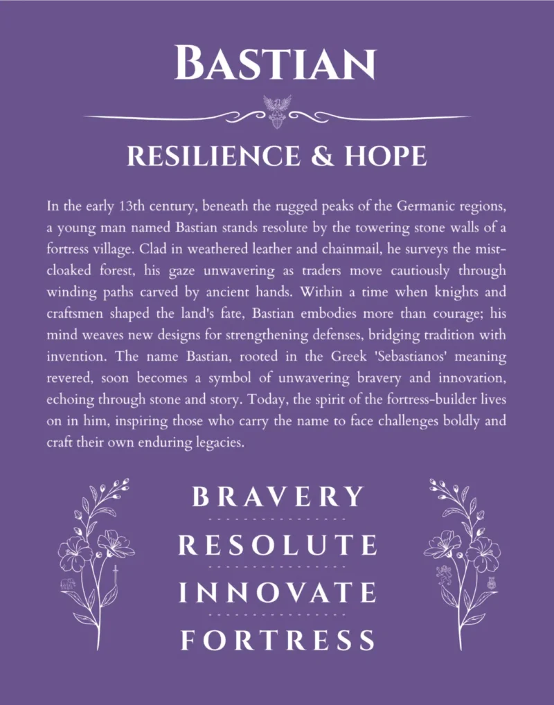 Bastian custom name art showing meaning and origin in purple