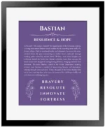 Bastian custom name art showing meaning and origin in purple with black matte frame