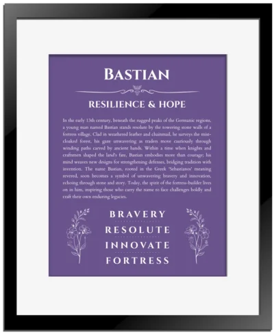 Bastian custom name art showing meaning and origin in purple with black matte frame