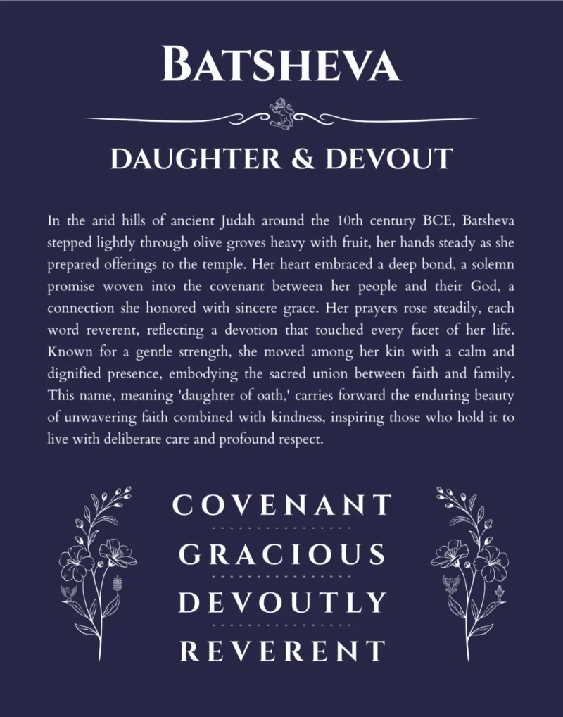 Batsheva name origin print with meaning and traits in navy blue