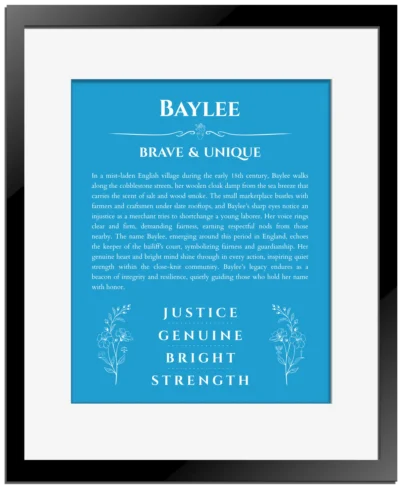 Baylee name meaning gift print in blue with black matte frame
