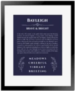 Bayleigh personalized name meaning print in navy blue with black matte frame