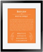 Baylen personalized name art with origin story in orange with black matte frame