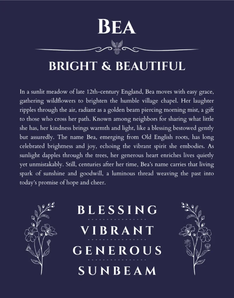 Bea name origin print with meaning and traits in navy blue