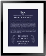 Bea name origin print with meaning and traits in navy blue with black matte frame