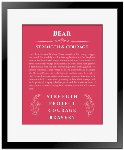Bear personalized wall art with the story of your name in red with black matte frame