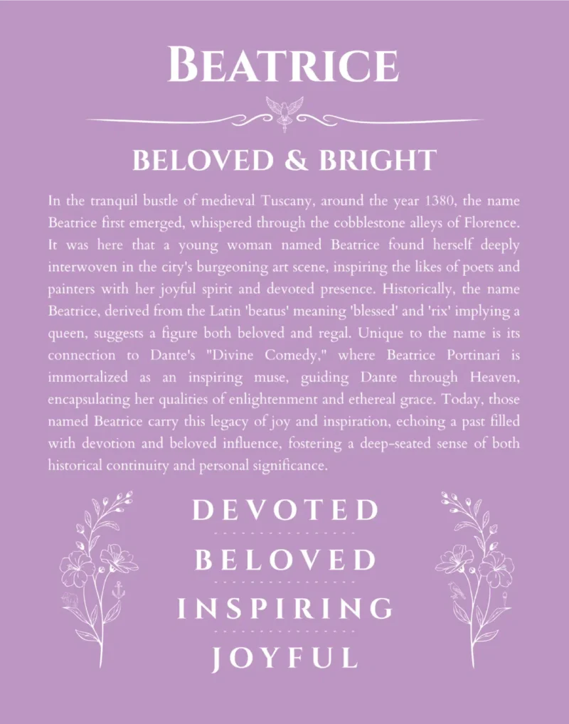Beatrice custom name art showing meaning and origin in light purple