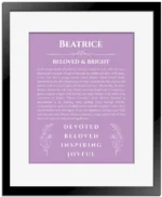 Beatrice custom name art showing meaning and origin in light purple with black matte frame