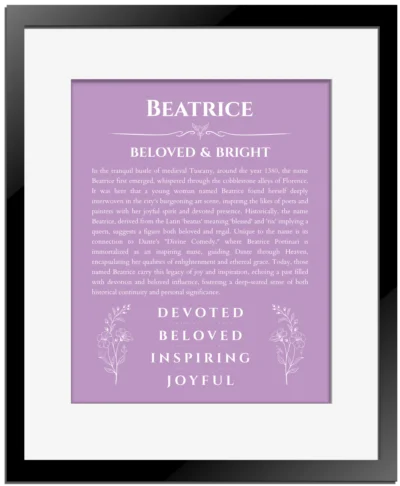 Beatrice custom name art showing meaning and origin in light purple with black matte frame