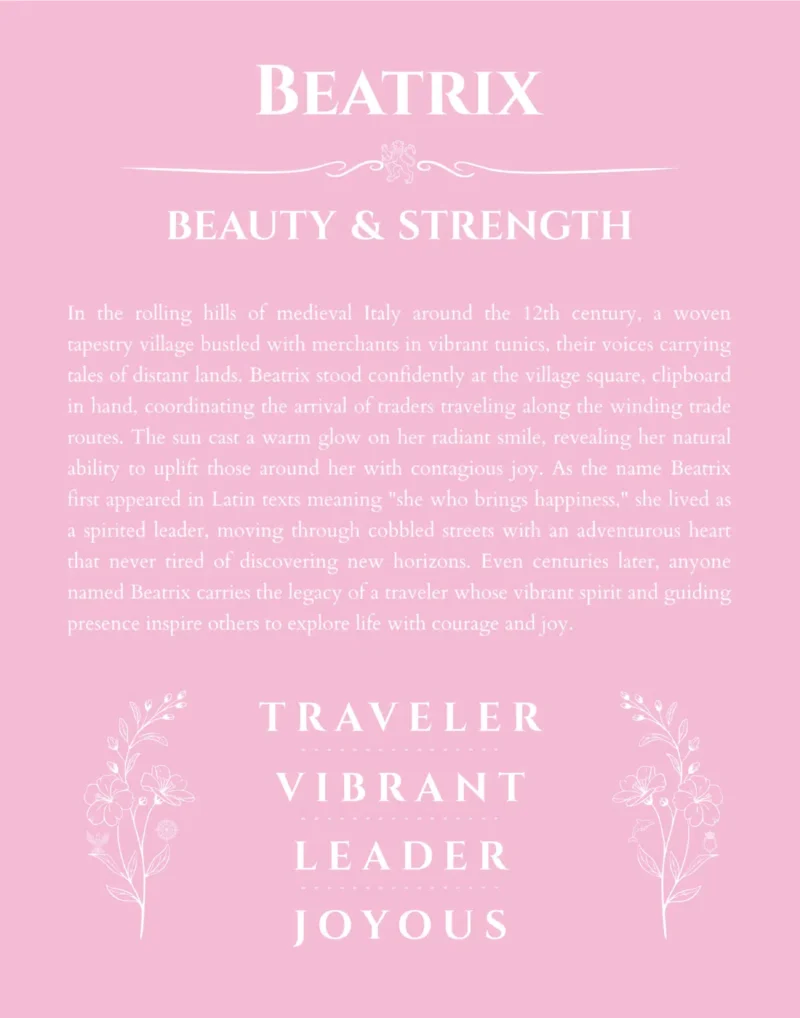 Beatrix personalized wall art with the story of your name in light pink