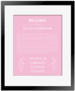 Beatrix personalized wall art with the story of your name in light pink with black matte frame