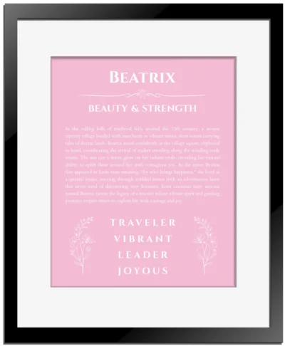 Beatrix personalized wall art with the story of your name in light pink with black matte frame