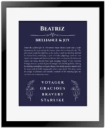 Beatriz custom name meaning print in navy blue with black matte frame