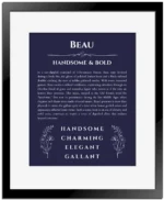 Beau custom name meaning print in navy blue with black matte frame
