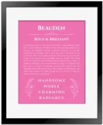 Beauden personalized name meaning print in pink with black matte frame