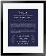 Beaux name meaning gift print in navy blue with black matte frame