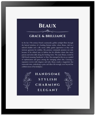 Beaux name meaning gift print in navy blue with black matte frame