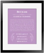 Beckam personalized name art with origin story in light purple with black matte frame