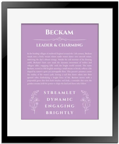 Beckam personalized name art with origin story in light purple with black matte frame